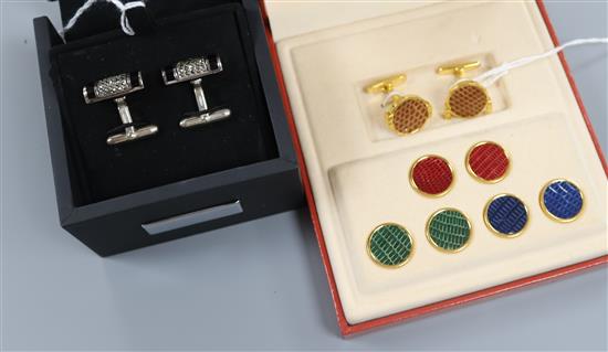 A Dupont gold-plated and enamel alligator cufflink set and a pair of Seven, London black onyx and marcasite cufflinks,